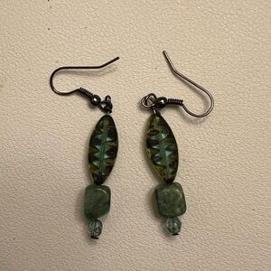 Handmade Green Glass & Serpentine Stone Dangle Earrings